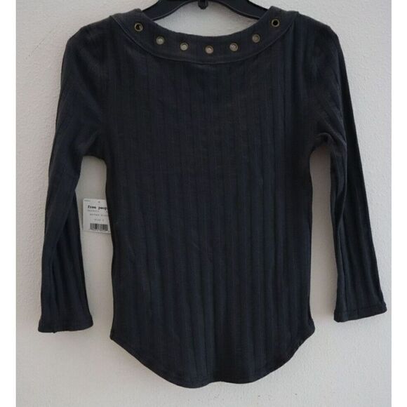Free People OB1090510 Women's Sz S Washed Black Ice Cold Lace-Up Ribbed Top $78 - Picture 2 of 13